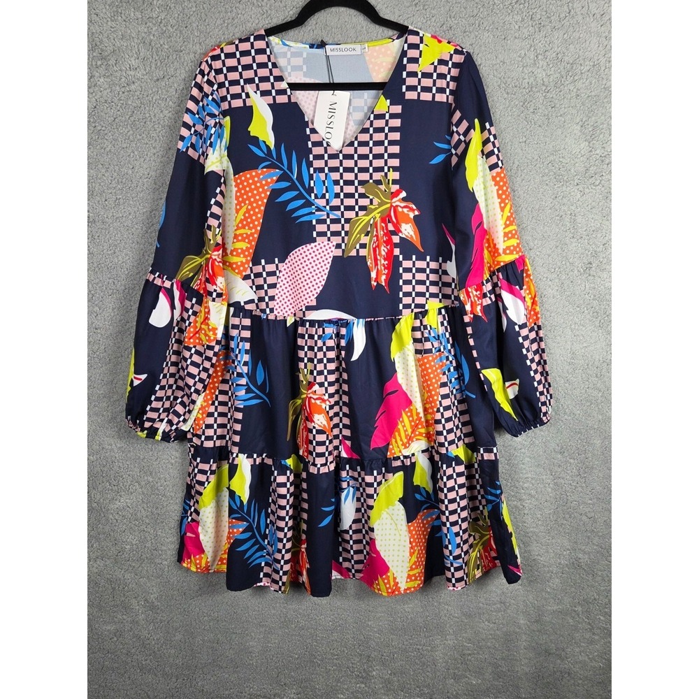 Misslook Mixed Tropical Print Tiered Mini Dress V-Neck Balloon Sleeve Multicolor